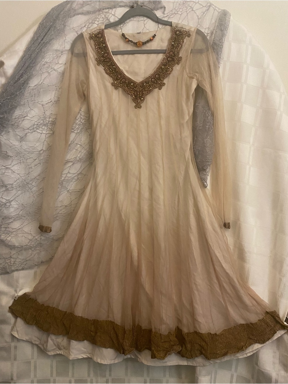 Embroidered V-Neck Long Sleeve Cream Dress with Gold Trim
